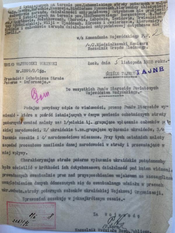 архівний документ про характеристику добровільної пожежної охорони Волинського воєводського управління