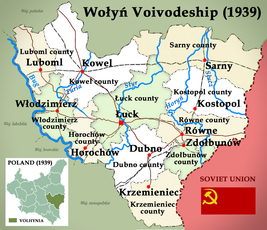 Фото з назвою Map of Wołyń Voivodeship (Województwo Wołyńskie) before the onset of German and Soviet invasion of Poland in September 1939